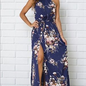 Navy floral belted maxi dress